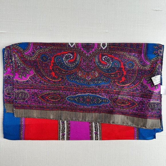 Plymouth Polyester Scarf 11x50 Paisley Stripe Red Purple Blue Vintage Italy - Picture 1 of 5